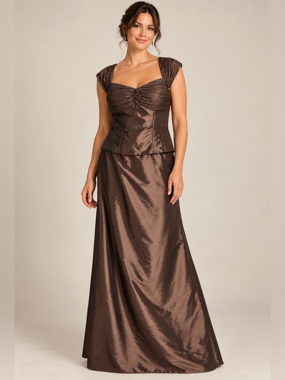 David’s Bridal Brown Taffeta Formal Gown 24W Corset Ruched Bust Cap Sleeve
